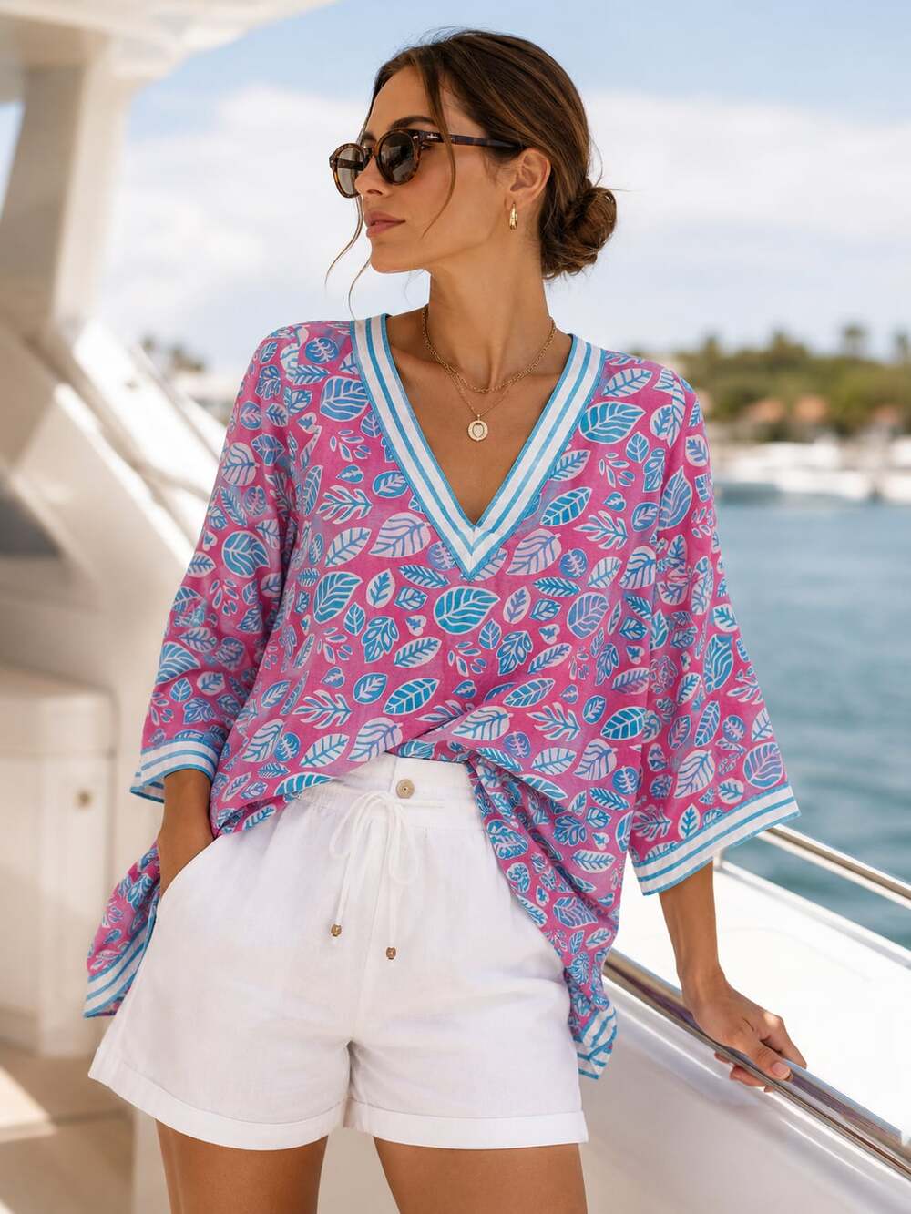 Gretchen Scott Designs Pink Blue Leaf Print Tunic Top Resort Beach Cover Up S